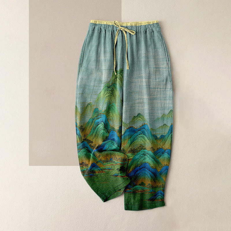Buddha Stones Damenhose aus reiner Baumwolle mit Naturlandschaftsmuster, elastischem Bund und Taschen - Helltürkis - US16, UK/AU20, EU48 (3XL) - image 0