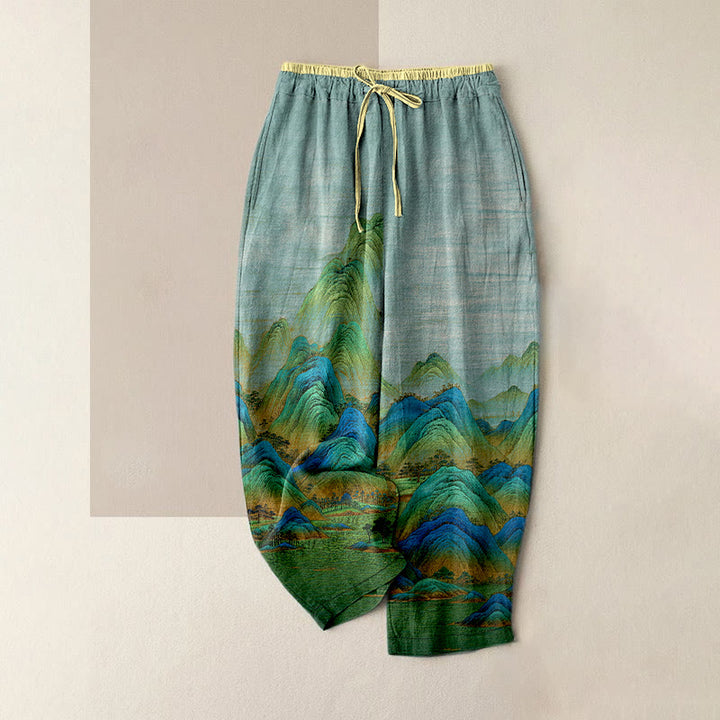 Buddha Stones Damenhose aus reiner Baumwolle mit Naturlandschaftsmuster, elastischem Bund und Taschen - Helltürkis - US16, UK/AU20, EU48 (3XL) - image 0