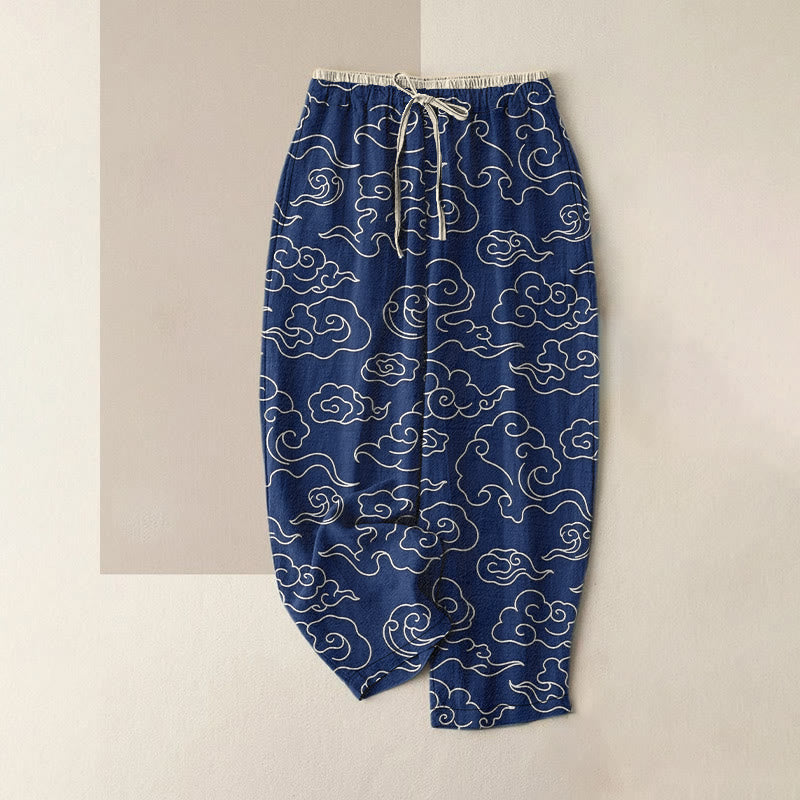 Buddha Stones Lässige Damenhose aus reiner Baumwolle mit glückverheißendem Wolkenmuster, elastischem Bund und Taschen - Mitternachtsblau - US16, UK/AU20, EU48 (3XL) - image 0