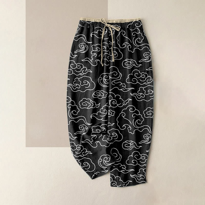 Buddha Stones Lässige Damenhose aus reiner Baumwolle mit glückverheißendem Wolkenmuster, elastischem Bund und Taschen - Schwarz - US16, UK/AU20, EU48 (3XL) - image 4