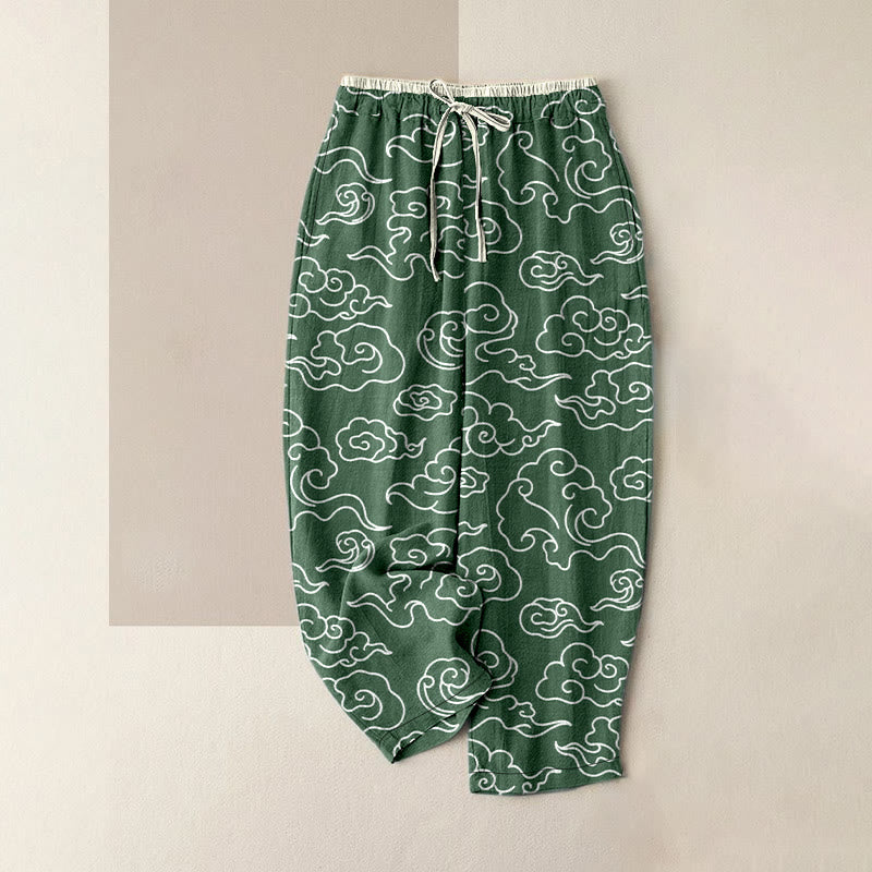 Buddha Stones Lässige Damenhose aus reiner Baumwolle mit glückverheißendem Wolkenmuster, elastischem Bund und Taschen - Dunkelgrün - US16, UK/AU20, EU48 (3XL) - image 5