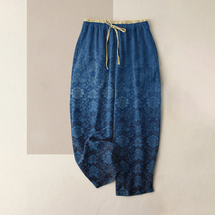 Buddha Stones Damenhose aus reiner Baumwolle mit Retro-Blumenmuster, elastischem Bund und Taschen - SteelBlue - US16, UK/AU20, EU48 (3XL) - image 0