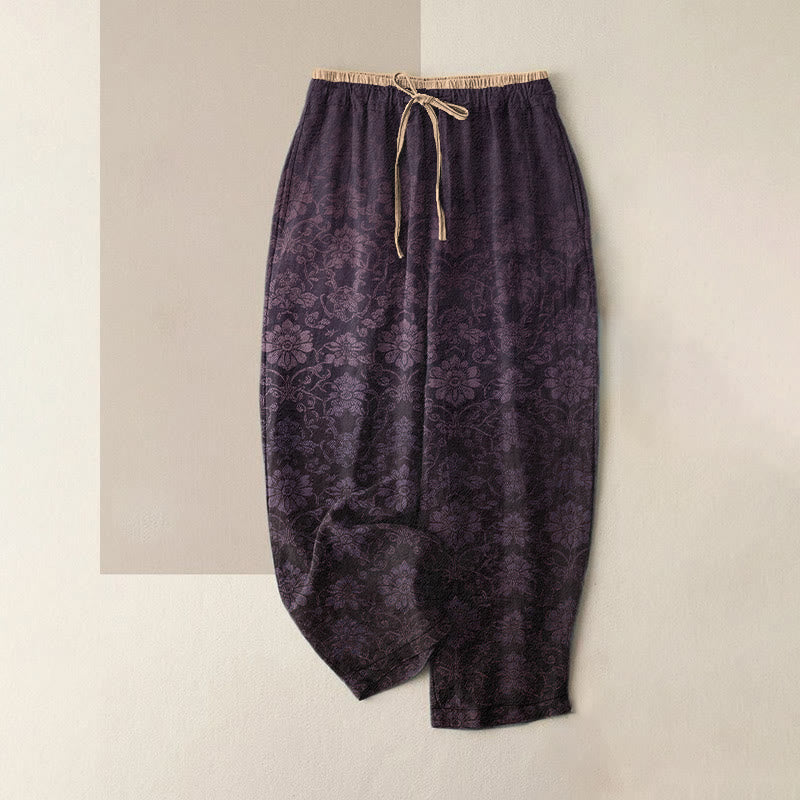 Buddha Stones Damenhose aus reiner Baumwolle mit Retro-Blumenmuster, elastischem Bund und Taschen - Lila - US16, UK/AU20, EU48 (3XL) - image 4