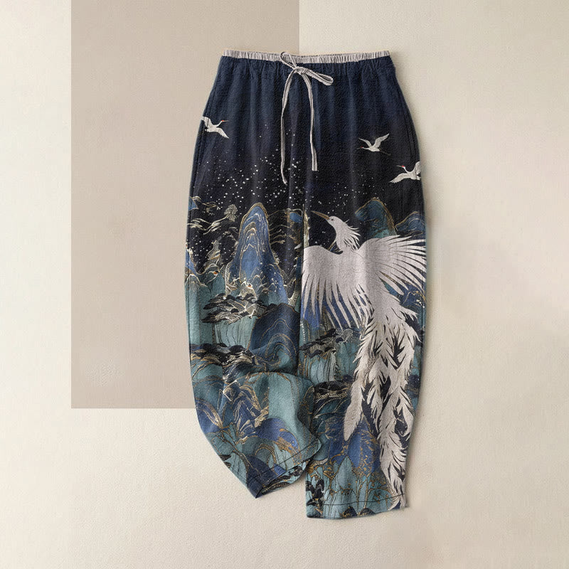 Buddha Stones Damenhose aus reiner Baumwolle mit Kranichmuster, elastischem Bund und Taschen - Mitternachtsblau - US16, UK/AU20, EU48 (3XL) - image 0