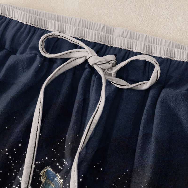 Buddha Stones Damenhose aus reiner Baumwolle mit Kranichmuster, elastischem Bund und Taschen - image 1