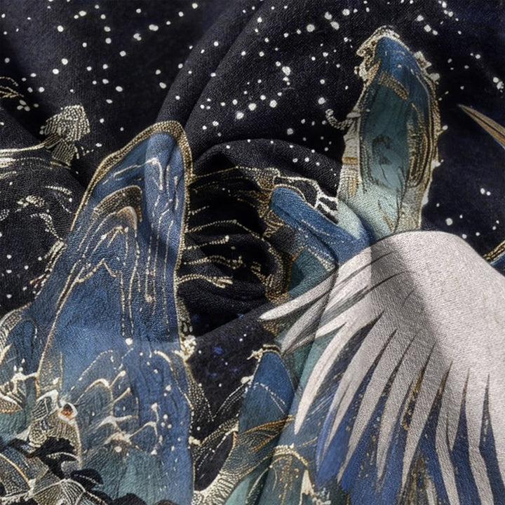 Buddha Stones Damenhose aus reiner Baumwolle mit Kranichmuster, elastischem Bund und Taschen - image 3