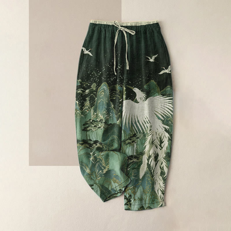 Buddha Stones Damenhose aus reiner Baumwolle mit Kranichmuster, elastischem Bund und Taschen - Dunkelgrau - US16, UK/AU20, EU48 (3XL) - image 4