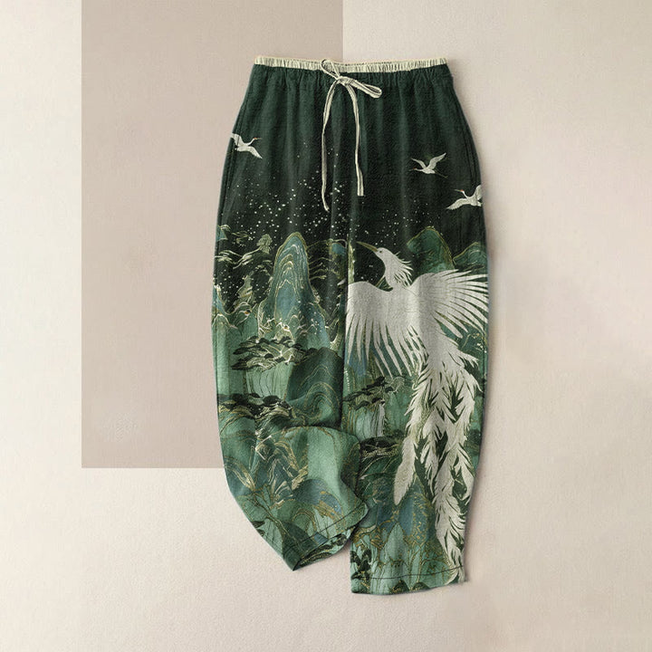 Buddha Stones Damenhose aus reiner Baumwolle mit Kranichmuster, elastischem Bund und Taschen - Dunkelgrau - US16, UK/AU20, EU48 (3XL) - image 4