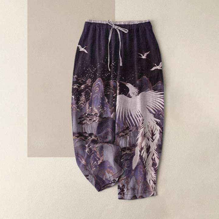 Buddha Stones Damenhose aus reiner Baumwolle mit Kranichmuster, elastischem Bund und Taschen - Indigo - US16, UK/AU20, EU48 (3XL) - image 5