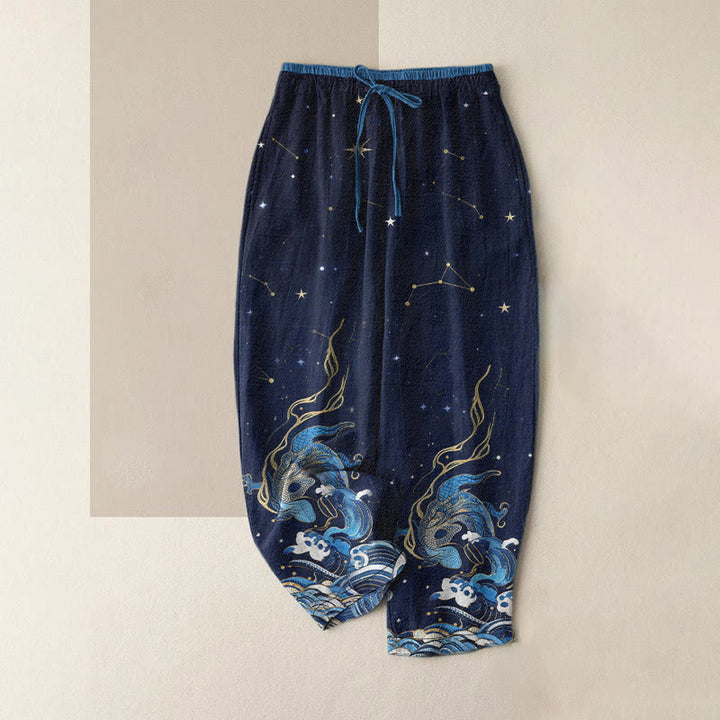 Buddha Stones Damenhose aus reiner Baumwolle mit Sternenhimmel-, Ozean- und Fabelwesenmuster, elastischem Bund und Taschen - Mitternachtsblau - US16, UK/AU20, EU48 (3XL) - image 0