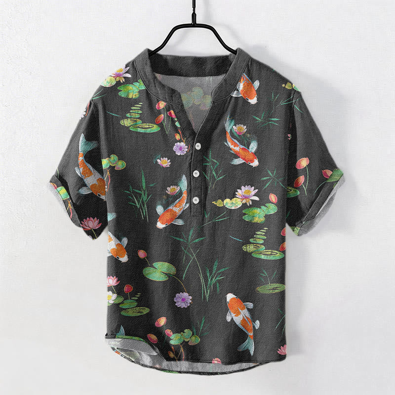 Buddha Stones Kurzarm-Herrenhemd aus Baumwolle mit Koi-Fisch- und Lotusmuster, halber Knopfleiste - DimGray - US/ UK/AU50, EU60 (5XL) - image 0