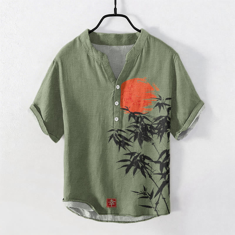 Buddha Stones Baumwollhemd für Herren, schlichtes rotes Bambus-Sonnenmuster, Kurzarm, halbe Knopfleiste - Dunkelseegrün - US/UK/AU50, EU60 (5XL) - image 0