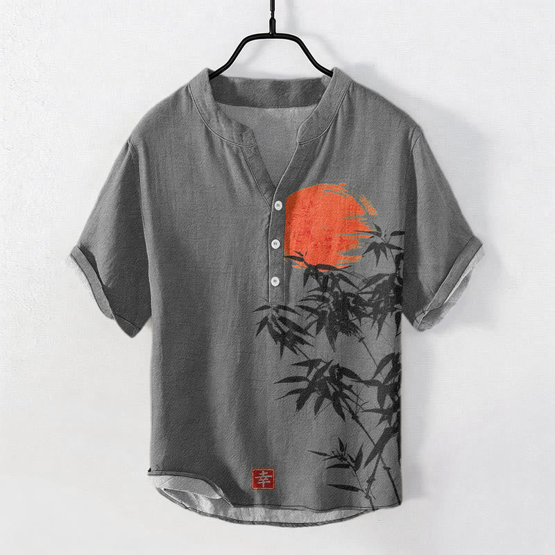 Buddha Stones Baumwollhemd für Herren, schlichtes rotes Bambus-Sonnenmuster, Kurzarm, halbe Knopfleiste - Grau - US/UK/AU50, EU60 (5XL) - image 4