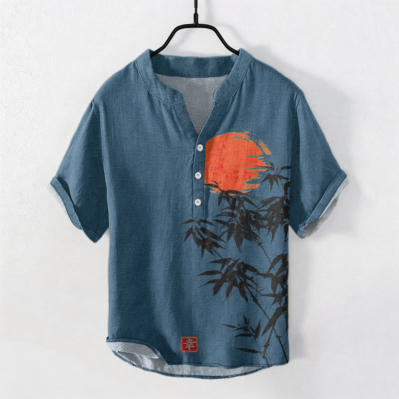 Buddha Stones Baumwollhemd für Herren, schlichtes rotes Bambus-Sonnenmuster, Kurzarm, halbe Knopfleiste - SteelBlue - US/UK/AU50, EU60 (5XL) - image 6