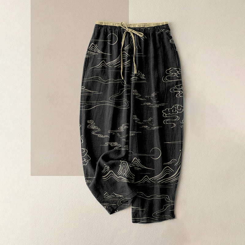 Buddha Stones Lässige Damenhose aus Baumwolle mit Berg-, Mond- und Wolkenmuster, elastischem Bund und Taschen - Schwarz - US16, UK/AU20, EU48 (3XL) - image 0