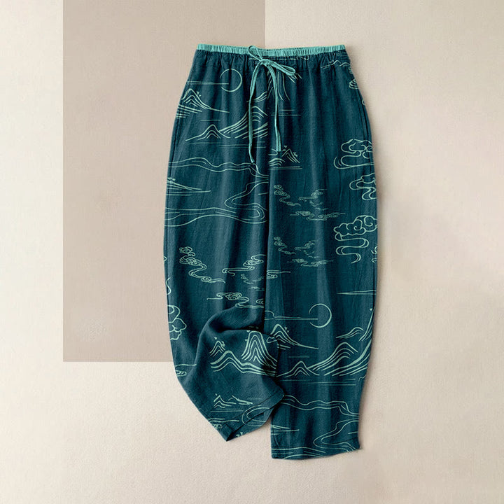 Buddha Stones Lässige Damenhose aus Baumwolle mit Berg-, Mond- und Wolkenmuster, elastischem Bund und Taschen - Dunkelcyan - US16, UK/AU20, EU48 (3XL) - image 4