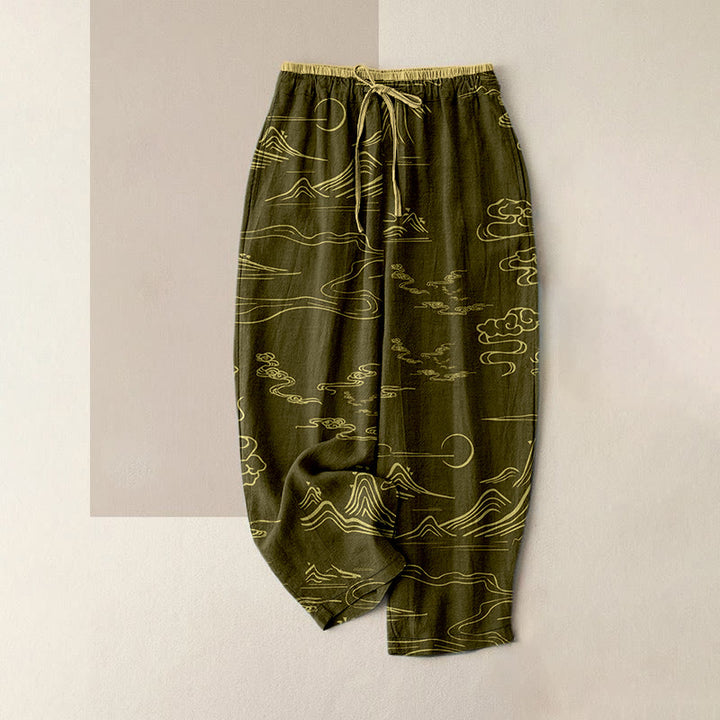 Buddha Stones Lässige Damenhose aus Baumwolle mit Berg-, Mond- und Wolkenmuster, elastischem Bund und Taschen - Dunkelkhaki - US16, UK/AU20, EU48 (3XL) - image 5