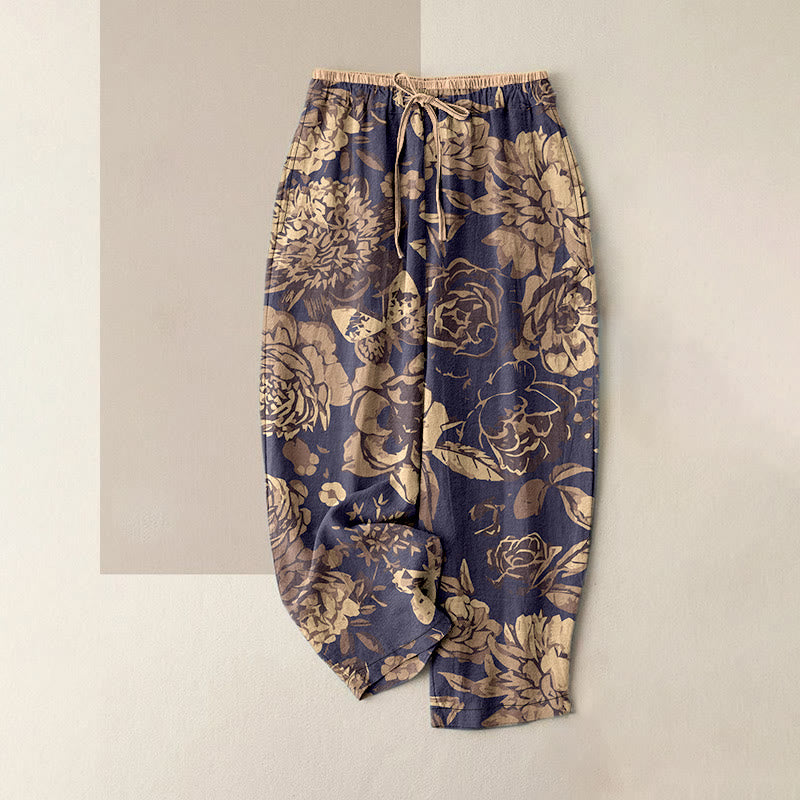 Buddha Stones Lässige Damen-Baumwollhose mit Pfingstrosen- und Blättermuster, elastischem Bund und Taschen - DimGray - US16, UK/AU20, EU48 (3XL) - image 0