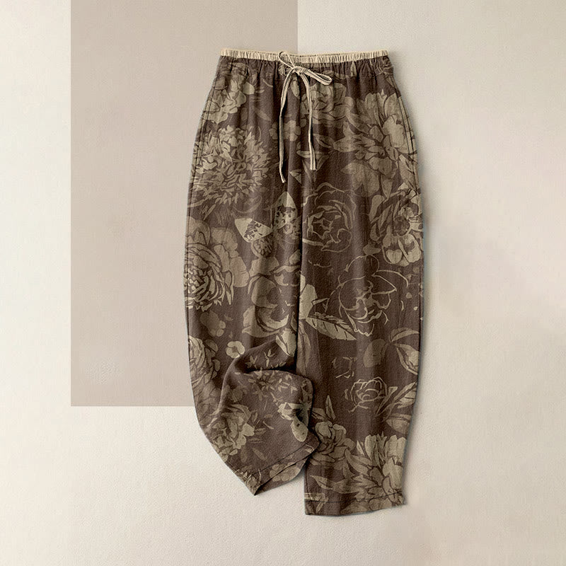 Buddha Stones Lässige Damen-Baumwollhose mit Pfingstrosen- und Blättermuster, elastischem Bund und Taschen - Bräunen - US16, UK/AU20, EU48 (3XL) - image 4