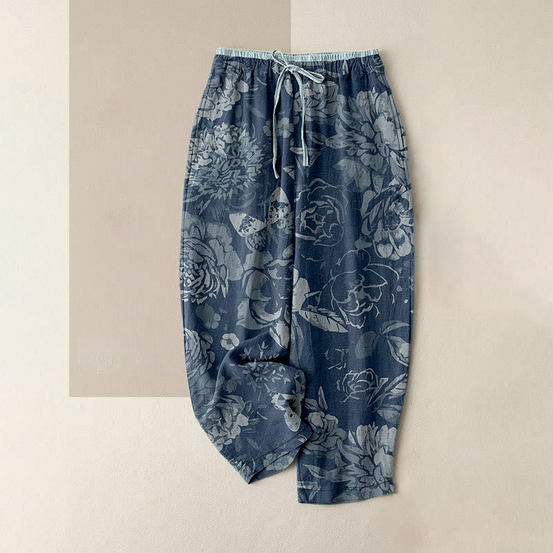 Buddha Stones Lässige Damen-Baumwollhose mit Pfingstrosen- und Blättermuster, elastischem Bund und Taschen - Himmelblau - US16, UK/AU20, EU48 (3XL) - image 5