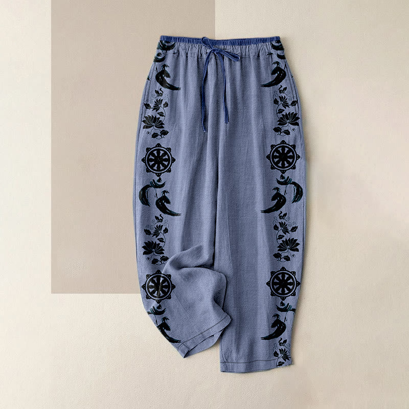 Buddha Stones Lässige Damen-Baumwollhose mit Dharma-Rad-Lotus-OM-Muster, elastischem Bund und Taschen - Kornblumenblau - US16, UK/AU20, EU48 (3XL) - image 0