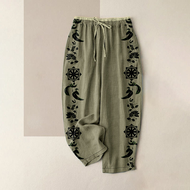 Buddha Stones Lässige Damen-Baumwollhose mit Dharma-Rad-Lotus-OM-Muster, elastischem Bund und Taschen - Dunkelkhaki - US16, UK/AU20, EU48 (3XL) - image 4