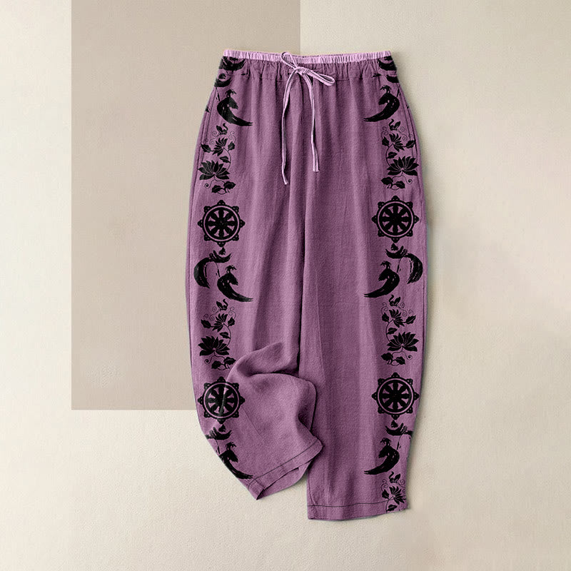 Buddha Stones Lässige Damen-Baumwollhose mit Dharma-Rad-Lotus-OM-Muster, elastischem Bund und Taschen - Pflaume - US16, UK/AU20, EU48 (3XL) - image 5