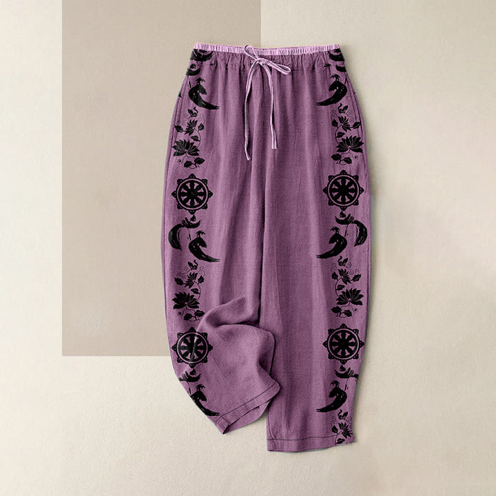 Buddha Stones Lässige Damen-Baumwollhose mit Dharma-Rad-Lotus-OM-Muster, elastischem Bund und Taschen - Pflaume - US16, UK/AU20, EU48 (3XL) - image 5