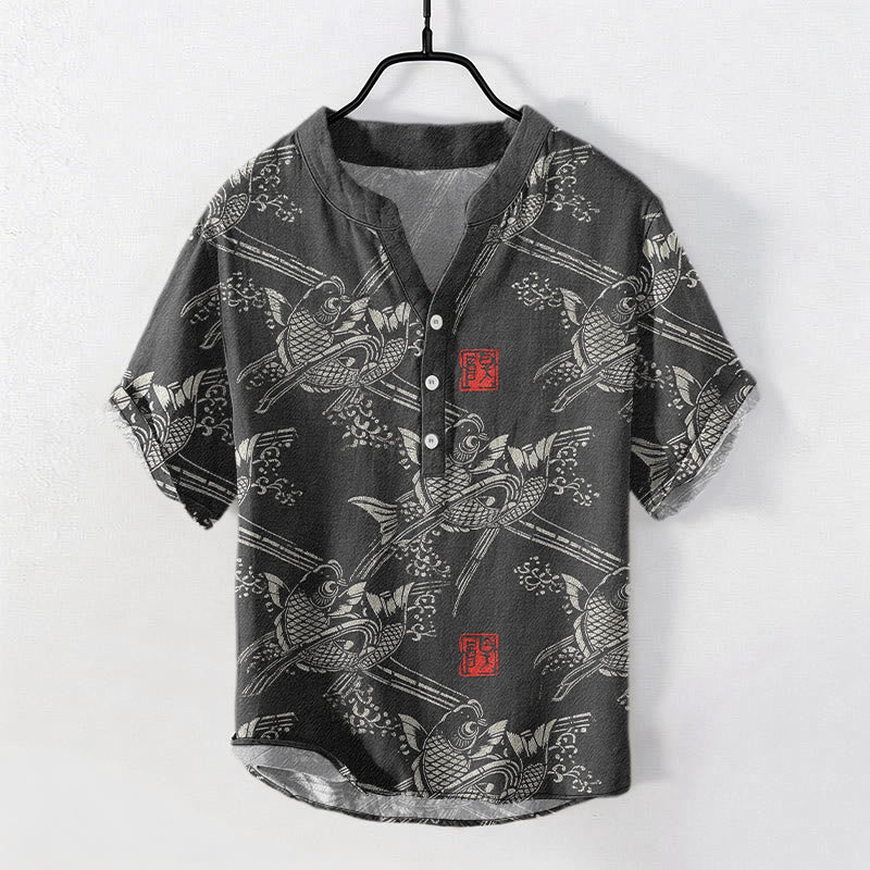 Buddha Stones Kurzarmhemd aus Baumwolle mit Koi-Fisch- und Bambusmuster, Herren, halb geknöpft, Kurzarm, Herrenhemd mit halben Knöpfen - Schwarz - US/ UK/AU50, EU60 (5XL) - image 0