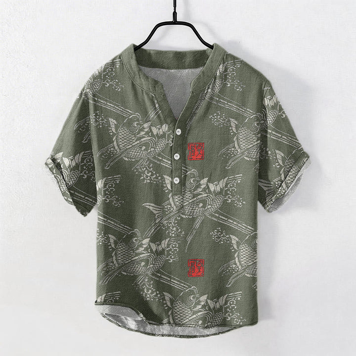 Buddha Stones Kurzarmhemd aus Baumwolle mit Koi-Fisch- und Bambusmuster, Herren, halb geknöpft, Kurzarm, Herrenhemd mit halben Knöpfen - Dunkelseegrün - US/ UK/AU50, EU60 (5XL) - image 4