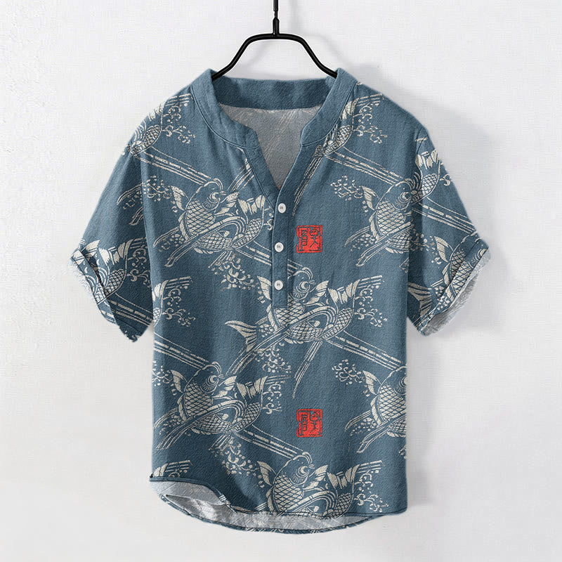Buddha Stones Kurzarmhemd aus Baumwolle mit Koi-Fisch- und Bambusmuster, Herren, halb geknöpft, Kurzarm, Herrenhemd mit halben Knöpfen - SteelBlue - US/ UK/AU50, EU60 (5XL) - image 6
