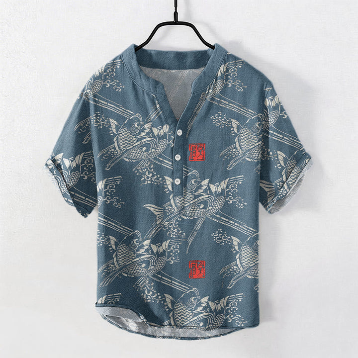 Buddha Stones Kurzarmhemd aus Baumwolle mit Koi-Fisch- und Bambusmuster, Herren, halb geknöpft, Kurzarm, Herrenhemd mit halben Knöpfen - SteelBlue - US/ UK/AU50, EU60 (5XL) - image 6