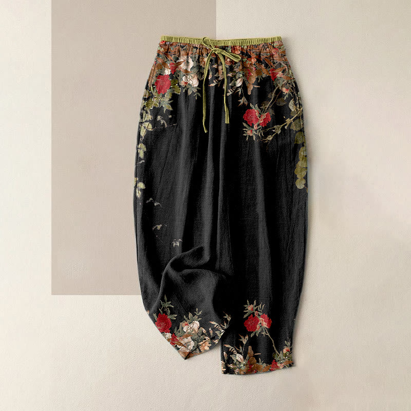 Buddha Stones Lässige Damenhose aus Baumwolle mit rotem Pfingstrosen-Rankenmuster, elastischem Bund und Taschen - Schwarz - US16, UK/AU20, EU48 (3XL) - image 0