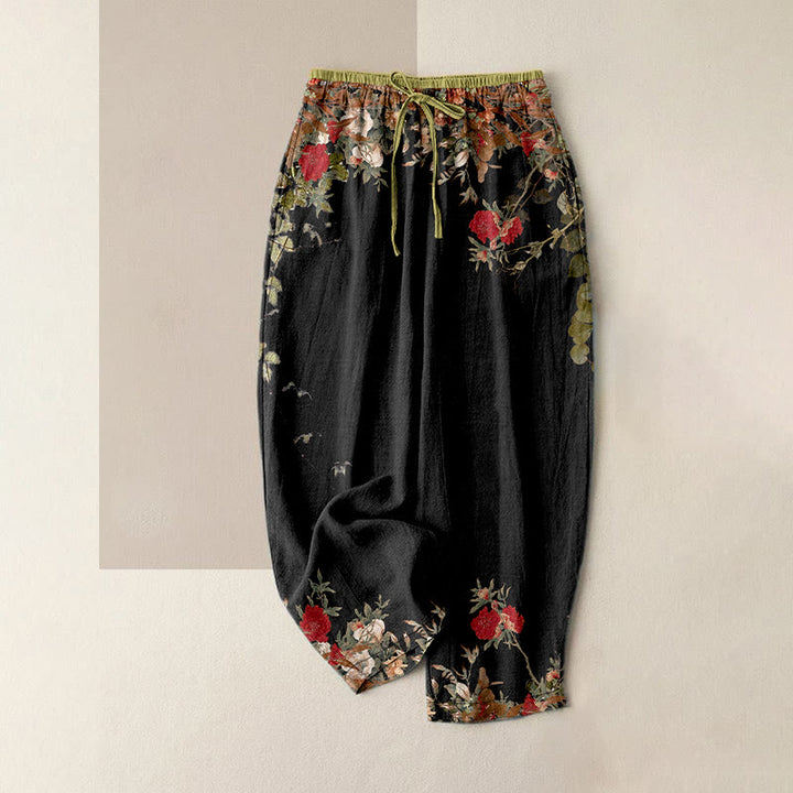 Buddha Stones Lässige Damenhose aus Baumwolle mit rotem Pfingstrosen-Rankenmuster, elastischem Bund und Taschen - Schwarz - US16, UK/AU20, EU48 (3XL) - image 0