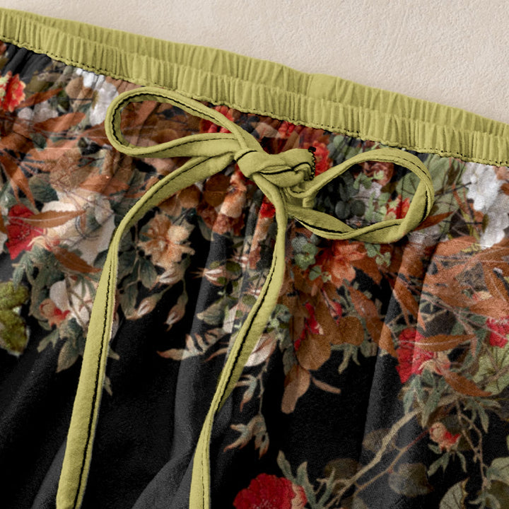 Buddha Stones Lässige Damenhose aus Baumwolle mit rotem Pfingstrosen-Rankenmuster, elastischem Bund und Taschen - image 1