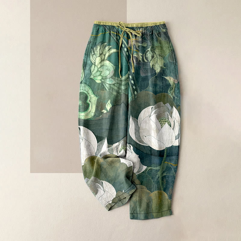 Buddha Stones Lässige Damenhose aus Baumwolle mit weißem Lotusblattmuster, elastischem Bund und Taschen - SeaGreen - US16, UK/AU20, EU48 (3XL) - image 0