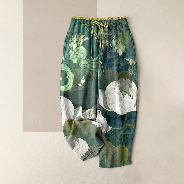 Buddha Stones Lässige Damenhose aus Baumwolle mit weißem Lotusblattmuster, elastischem Bund und Taschen - SeaGreen - US16, UK/AU20, EU48 (3XL) - image 0