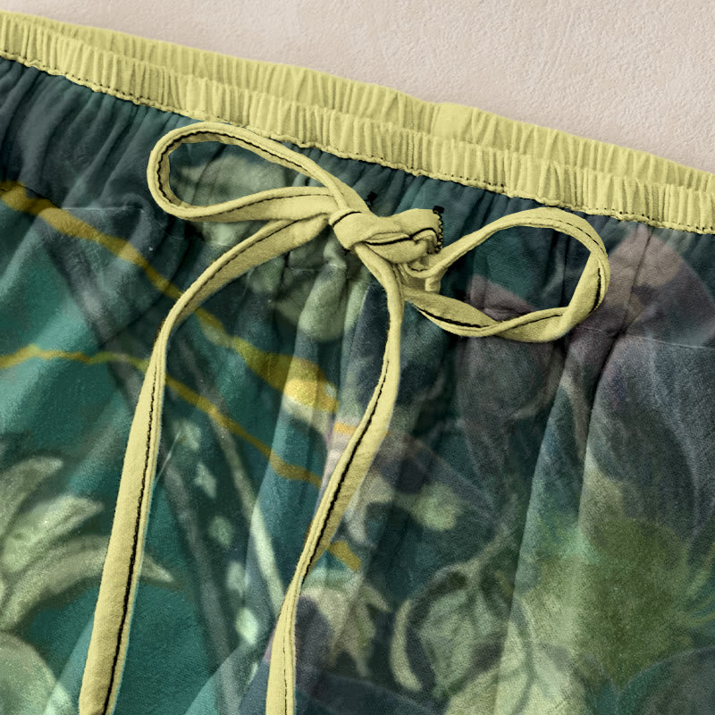 Buddha Stones Lässige Damenhose aus Baumwolle mit weißem Lotusblattmuster, elastischem Bund und Taschen - image 1