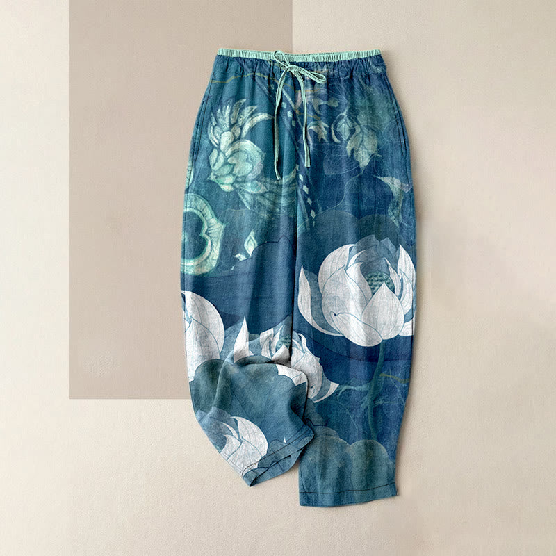 Buddha Stones Lässige Damenhose aus Baumwolle mit weißem Lotusblattmuster, elastischem Bund und Taschen - Dunkeltürkis - US16, UK/AU20, EU48 (3XL) - image 4