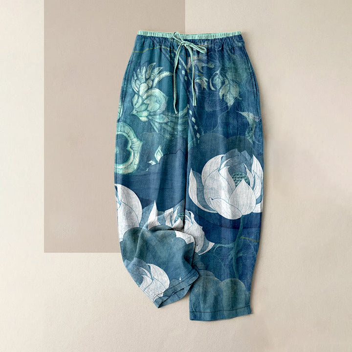 Buddha Stones Lässige Damenhose aus Baumwolle mit weißem Lotusblattmuster, elastischem Bund und Taschen - Dunkeltürkis - US16, UK/AU20, EU48 (3XL) - image 4