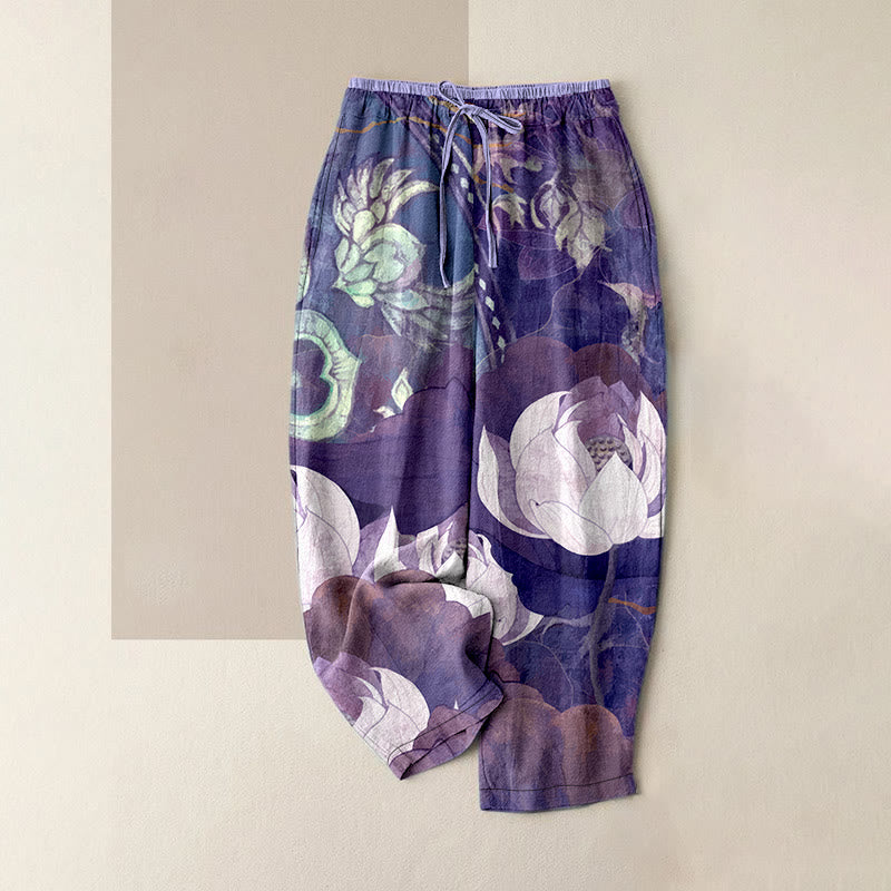 Buddha Stones Lässige Damenhose aus Baumwolle mit weißem Lotusblattmuster, elastischem Bund und Taschen - DarkOrchid - US16, UK/AU20, EU48 (3XL) - image 5