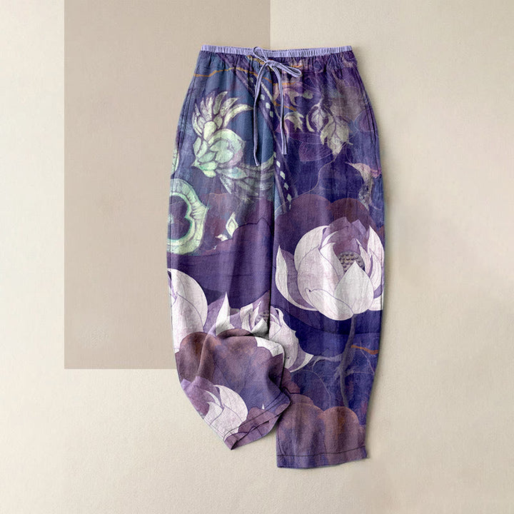 Buddha Stones Lässige Damenhose aus Baumwolle mit weißem Lotusblattmuster, elastischem Bund und Taschen - DarkOrchid - US16, UK/AU20, EU48 (3XL) - image 5