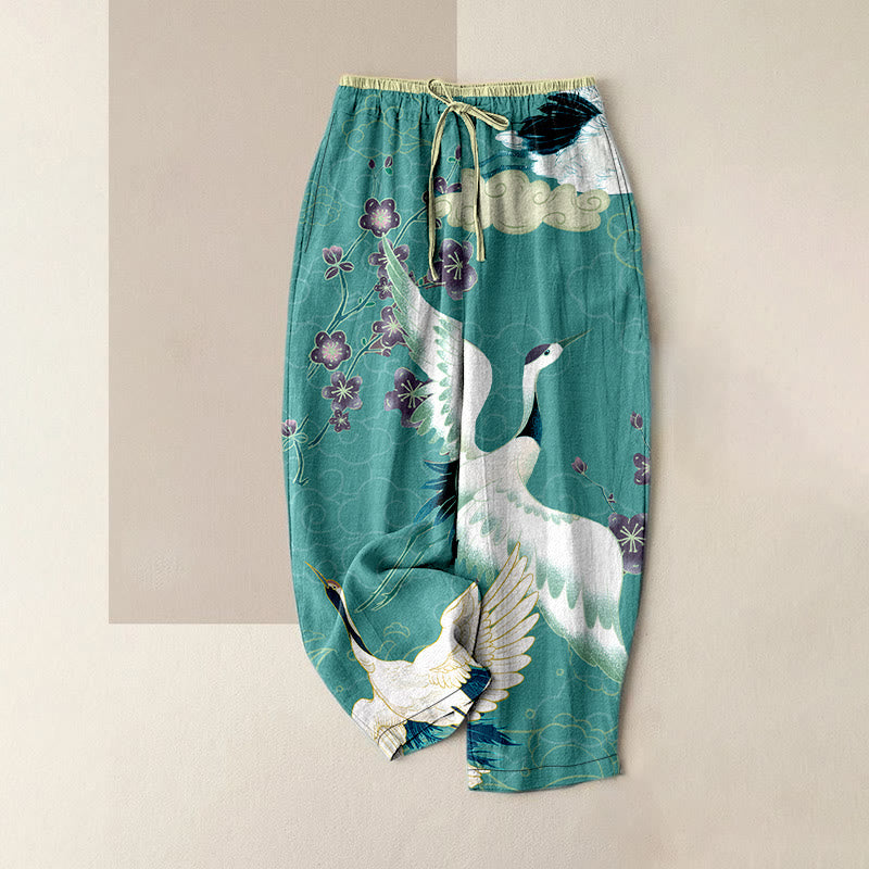 Buddha Stones Lässige Baumwollhose für Damen mit Kranich-, Blumen- und Wolkenmuster, elastischem Bund und Taschen - Türkis - US16, UK/AU20, EU48 (3XL) - image 5