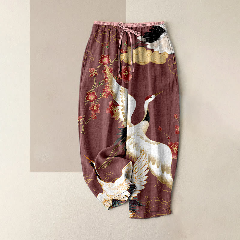 Buddha Stones Lässige Baumwollhose für Damen mit Kranich-, Blumen- und Wolkenmuster, elastischem Bund und Taschen - Hellkoralle - US16, UK/AU20, EU48 (3XL) - image 4