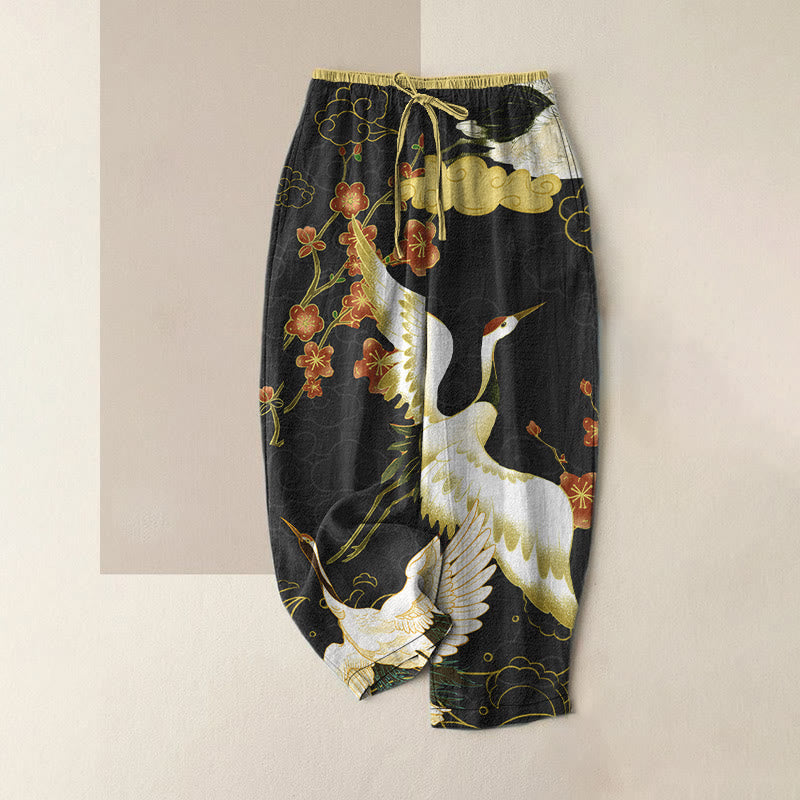 Buddha Stones Lässige Baumwollhose für Damen mit Kranich-, Blumen- und Wolkenmuster, elastischem Bund und Taschen - Schwarz - US16, UK/AU20, EU48 (3XL) - image 0