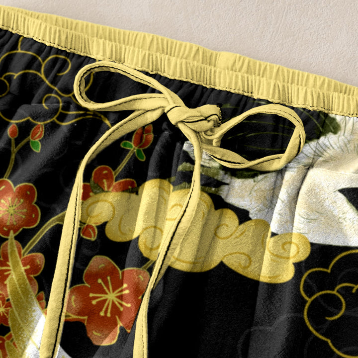 Buddha Stones Lässige Baumwollhose für Damen mit Kranich-, Blumen- und Wolkenmuster, elastischem Bund und Taschen - image 1