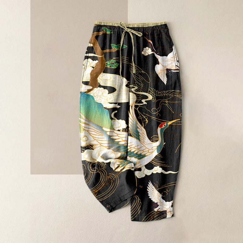 Buddha Stones Lässige Baumwollhose für Damen mit elastischem Bund, Taschen und Motiv: Fliegende Kraniche, Glücksbringende Wolken, Baum - Schwarz - US16, UK/AU20, EU48 (3XL) - image 0