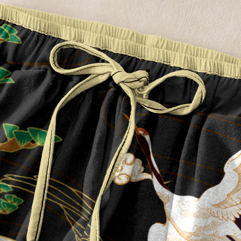 Buddha Stones Lässige Baumwollhose für Damen mit elastischem Bund, Taschen und Motiv: Fliegende Kraniche, Glücksbringende Wolken, Baum - image 1