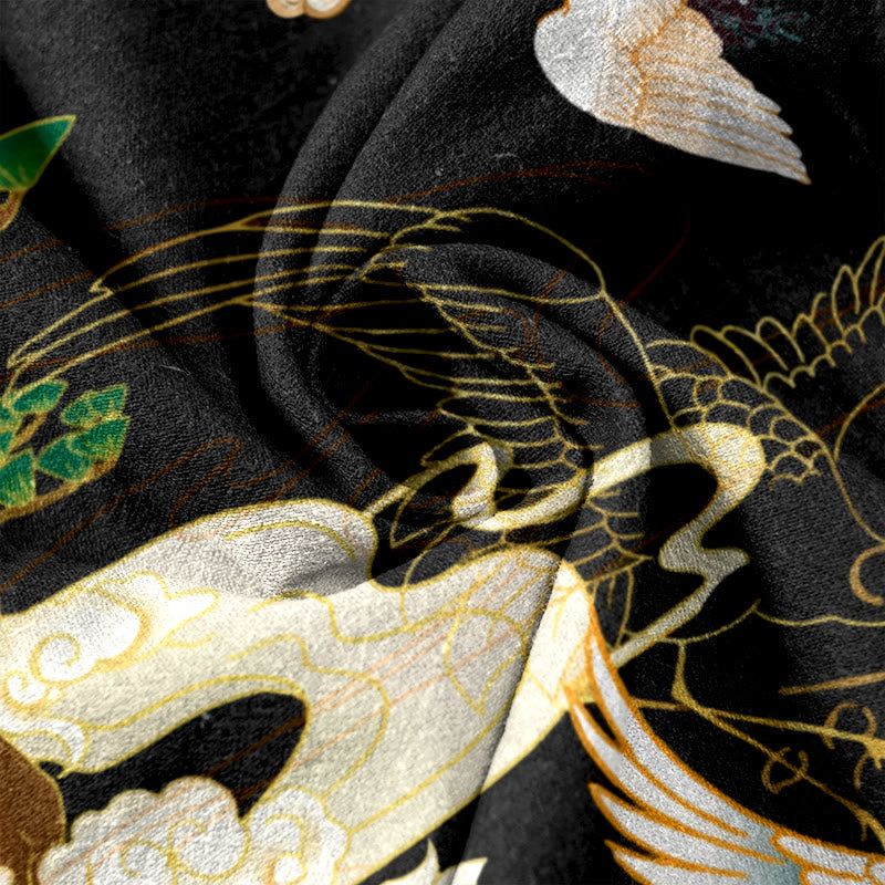 Buddha Stones Lässige Baumwollhose für Damen mit elastischem Bund, Taschen und Motiv: Fliegende Kraniche, Glücksbringende Wolken, Baum - image 3