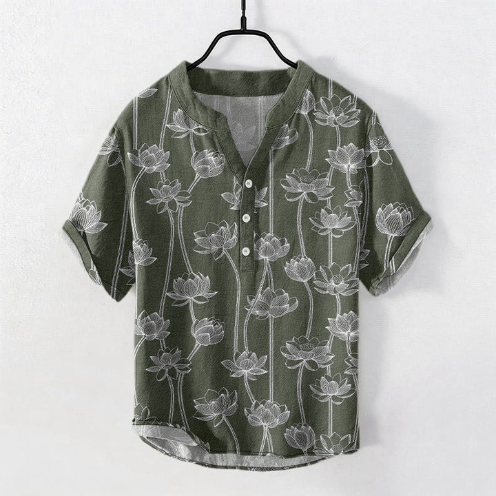 Buddha Stones Kurzarmhemd aus Baumwolle mit harmonischem Lotusmuster und halber Knopfleiste - Dunkelolivgrün - US/ UK/AU50, EU60 (5XL) - image 0